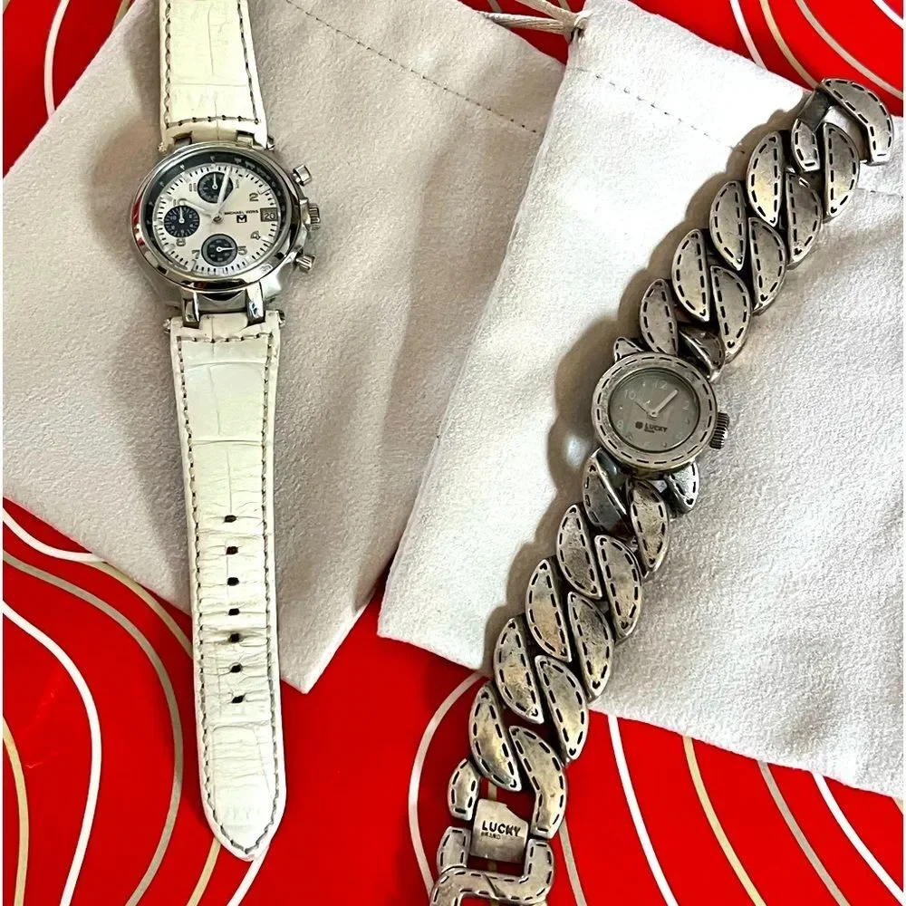Set/2-vtg-Michael Kors w/white leather band &vtg.Lucky Brand silver chunky metal